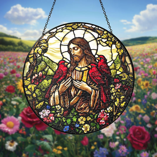 Handmade Jesus Cardinals Suncatcher | Spiritual Nature Decor | Wooden Peak
