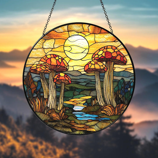 Handmade Sunset Forest Mushroom Suncatcher | Wooden Peak