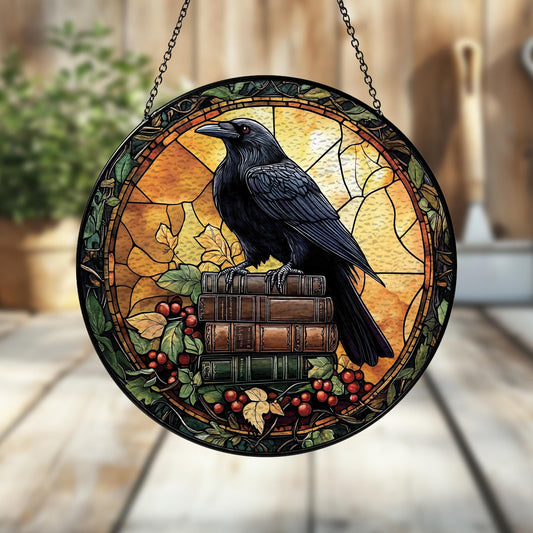 Handmade Raven Book Suncatcher | Gothic Academia Decor | Wooden Peak