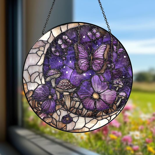Handmade Mushroom Butterfly Suncatcher | Whimsical Nature Decor | Wooden Peak