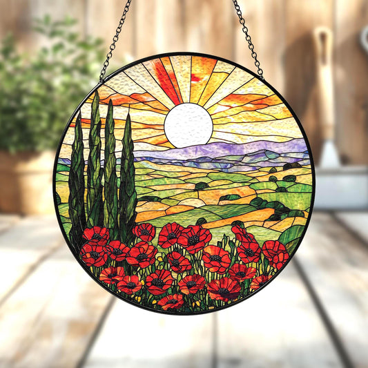 Handmade Poppy Field Suncatcher | Memorial Floral Decor | Wooden Peak