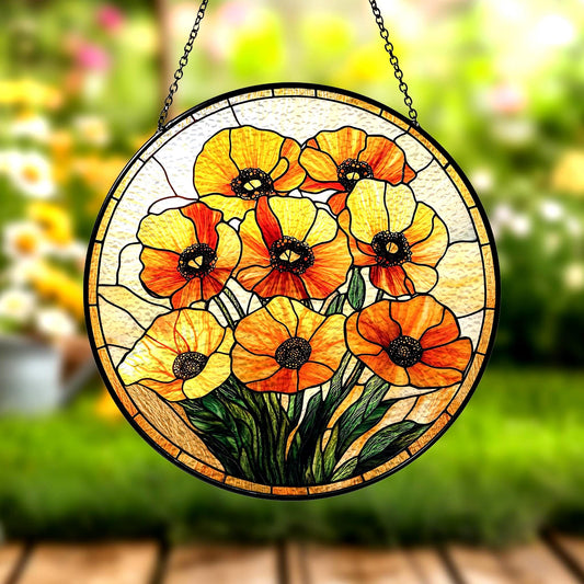 Handmade California Poppy Suncatcher | Botanical Window Art | Wooden Peak
