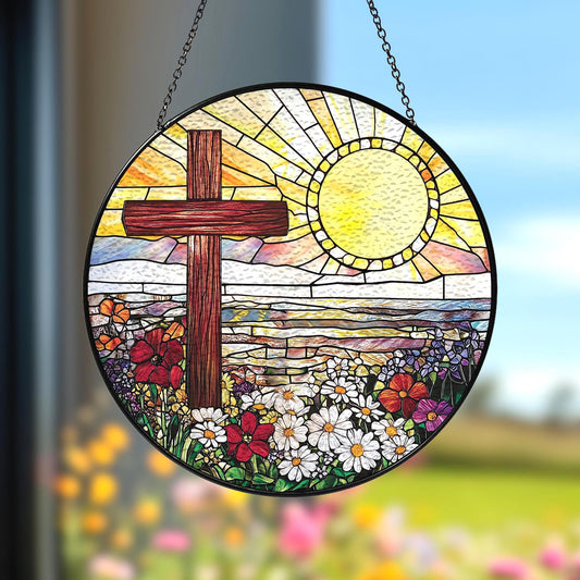 Handmade Cross Sunset Wildflower Suncatcher | Christian Art | Wooden Peak