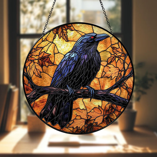Handmade Black Raven Suncatcher | Gothic Window Art | Wooden Peak